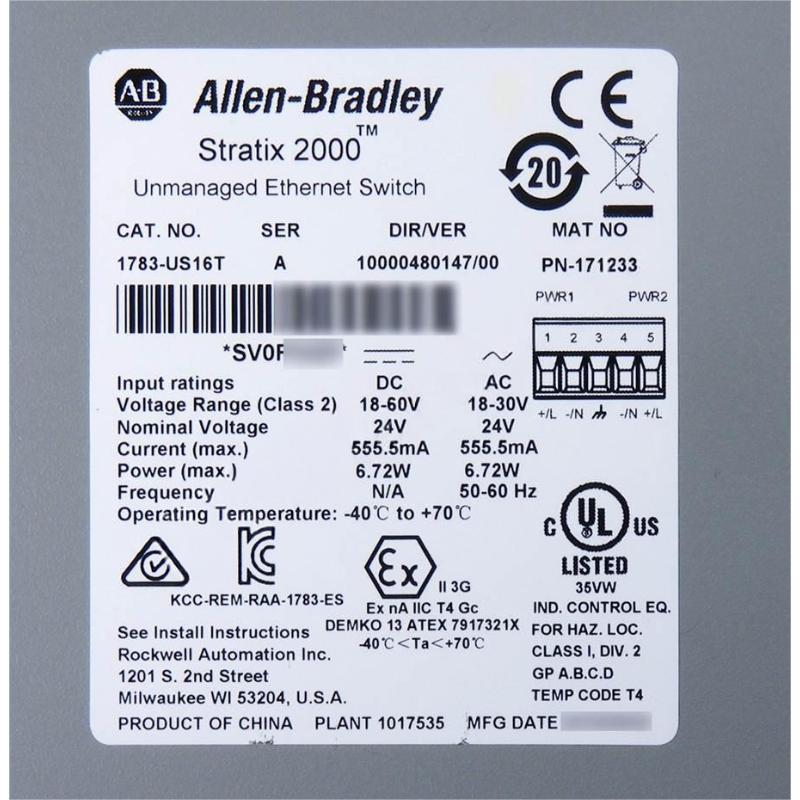 Allen Bradley 1783-US16T Stratix 2000 Unmanaged Ethernet Switches