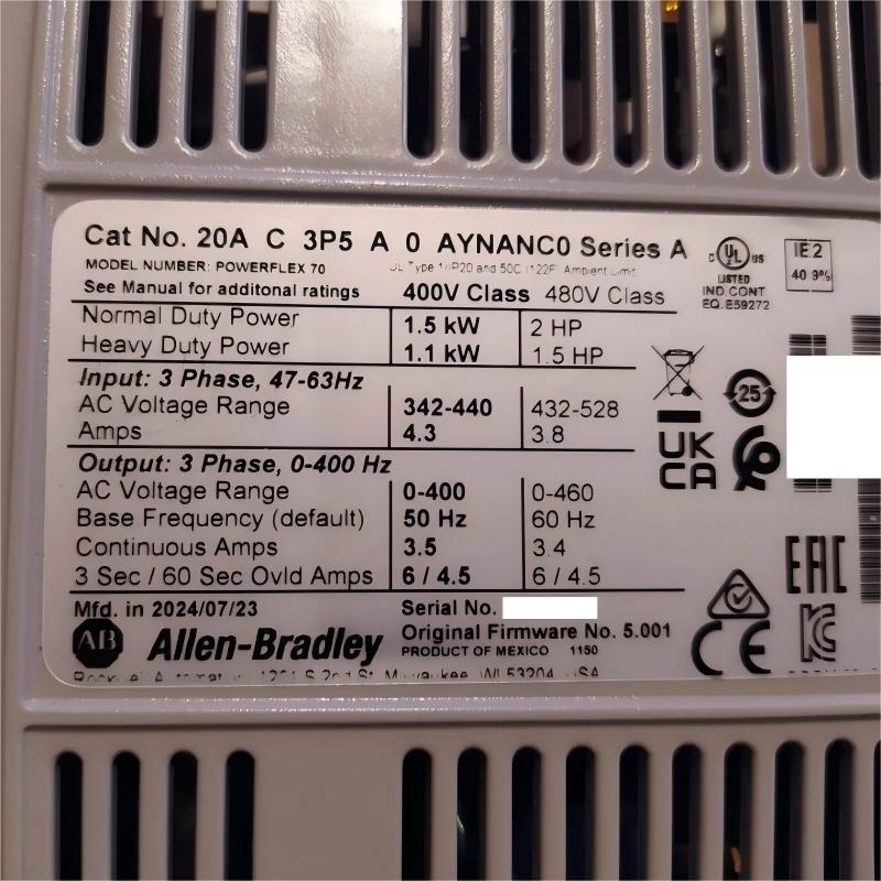 Allen Bradley 20AC3P5A0AYNANC0 PowerFlex 70 AC Drive