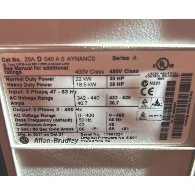 Allen Bradley 20AD040A0AYNANC0 PowerFlex 70 AC Drive